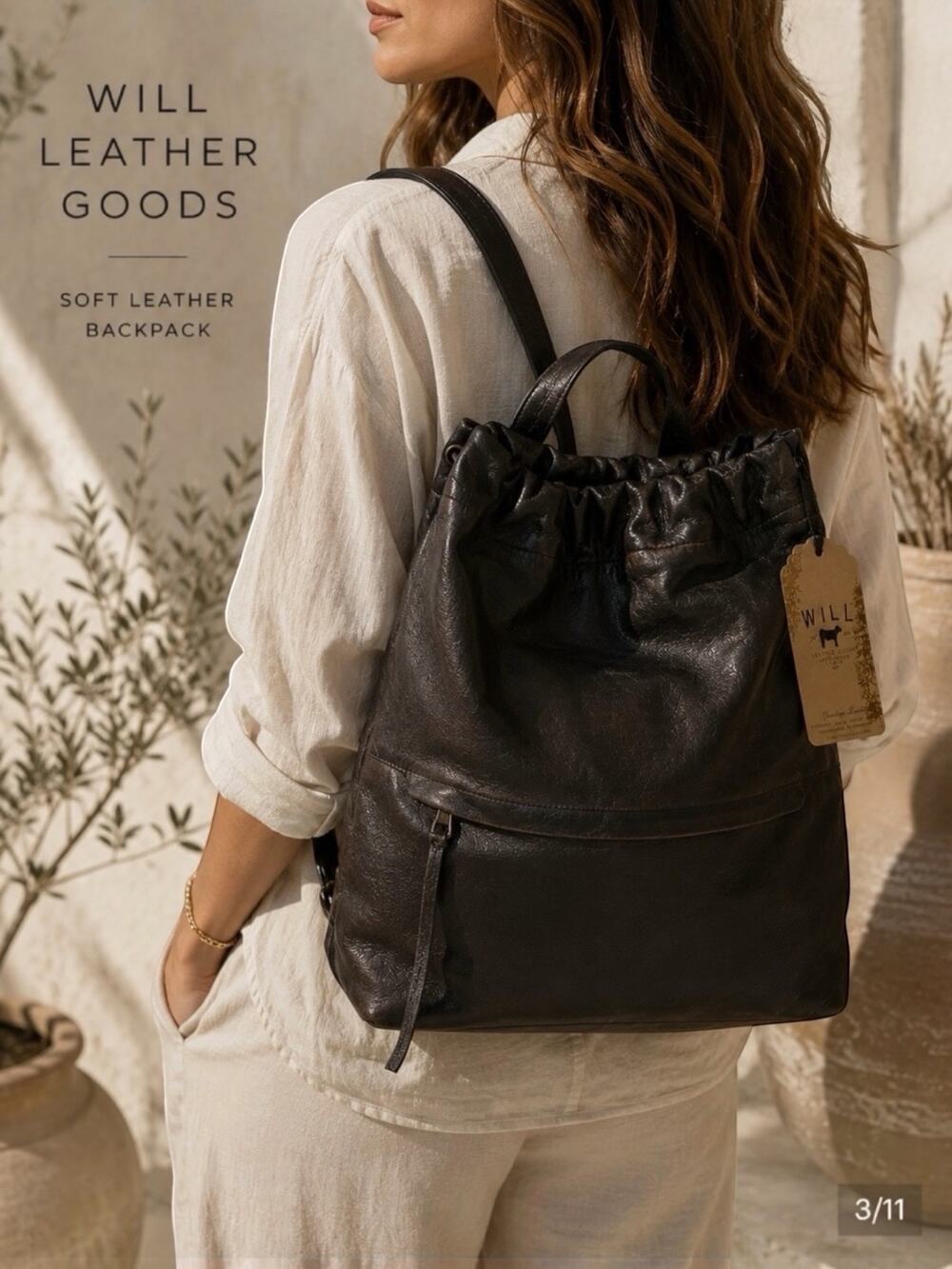 Will Leather Goods NWT Black Leather Slouchy Backpack Large Travel Bag